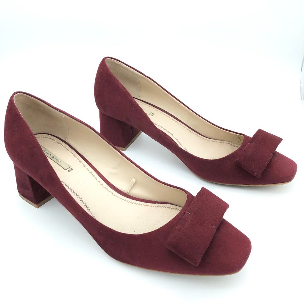ZARA Collection Burgundy Suede Bow Block Heel Pump - Picture 12 of 12